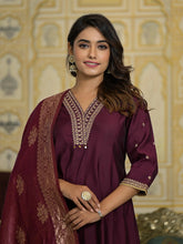 Wine Zari Embroidered Viscose Kurta Pant And Dupatta Set With Sequins & Lace-J4796WINE